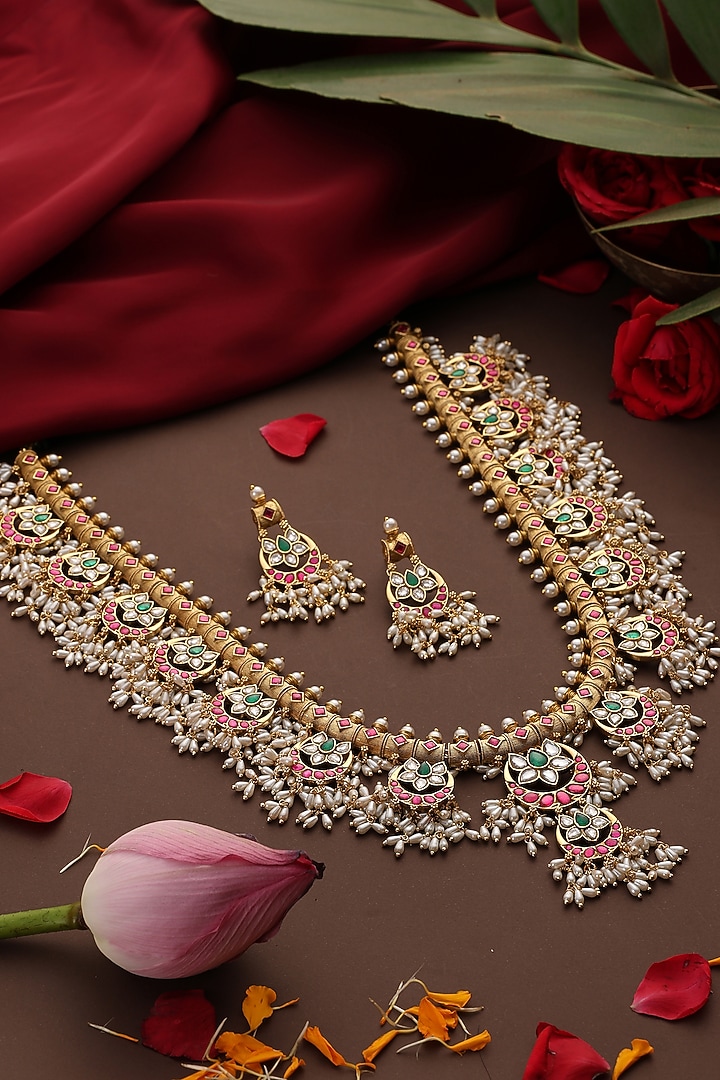 Gold Finish Multi-Colored Kundan Polki Jadau Long Necklace Set by Swabhimann Jewellery at Pernia's Pop Up Shop