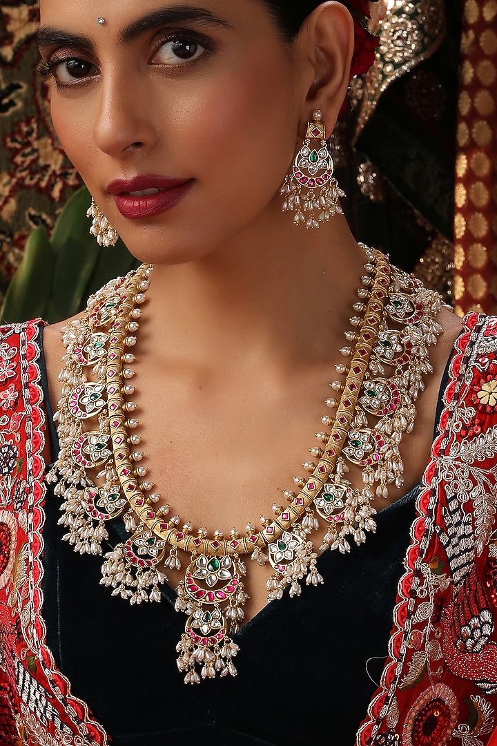 Gold Finish Multi-Colored Kundan Polki Jadau Long Necklace Set by Swabhimann Jewellery at Pernia's Pop Up Shop