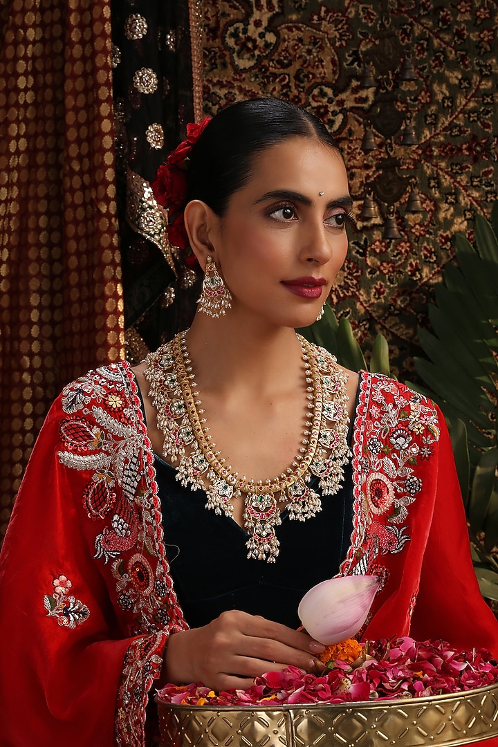 Gold Finish Multi-Colored Kundan Polki Jadau Long Necklace Set by Swabhimann Jewellery at Pernia's Pop Up Shop