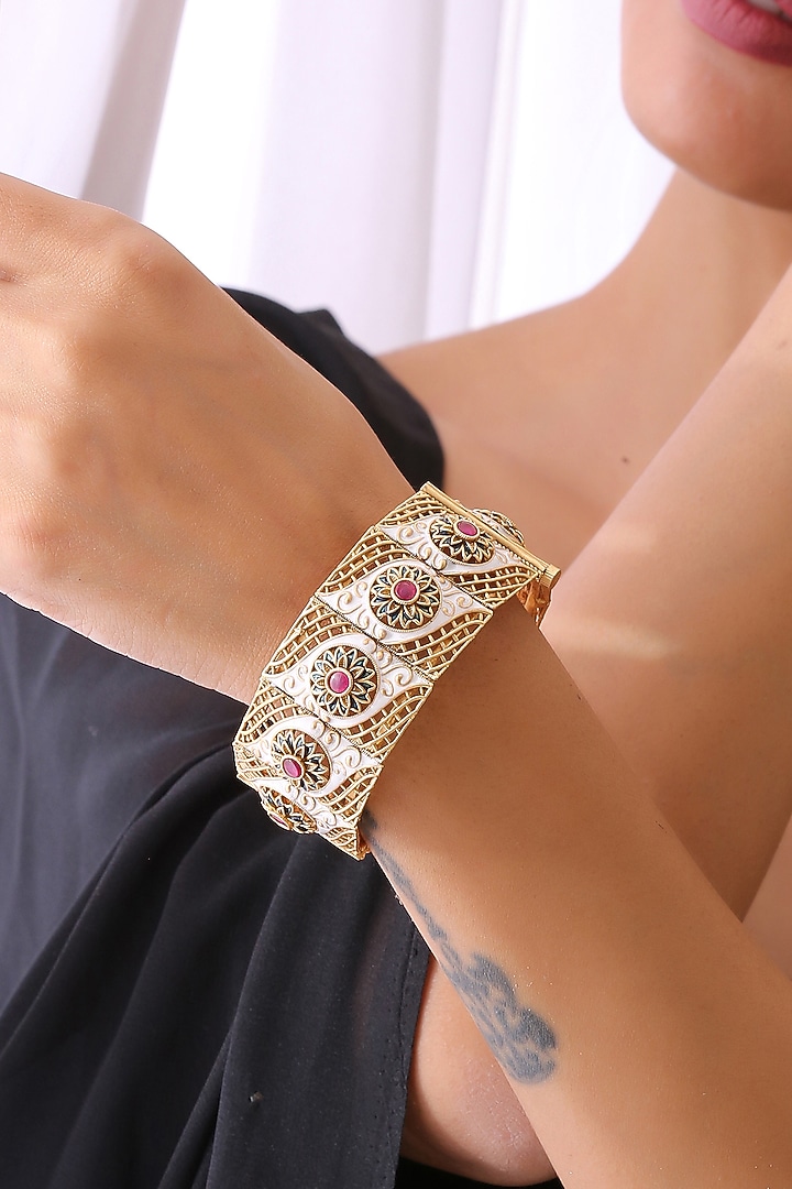 Gold Finish Ruby Stone Enamelled Kada by Swabhimann Jewellery at Pernia's Pop Up Shop