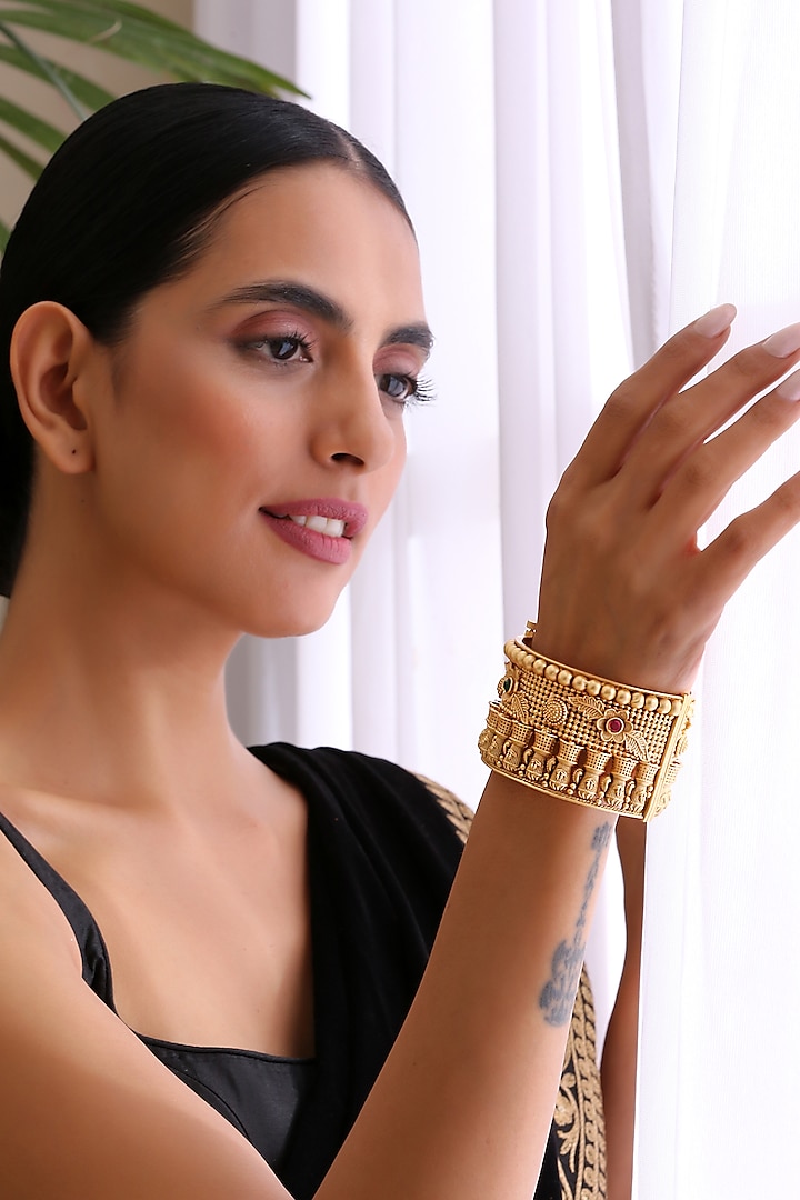 Gold Finish Multi-Colored Stone Temple Kada by Swabhimann Jewellery at Pernia's Pop Up Shop