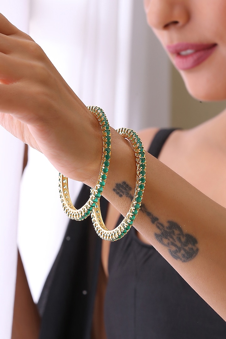 Gold Finish Emerald Stone Bangles (Set of 2) by Swabhimann Jewellery