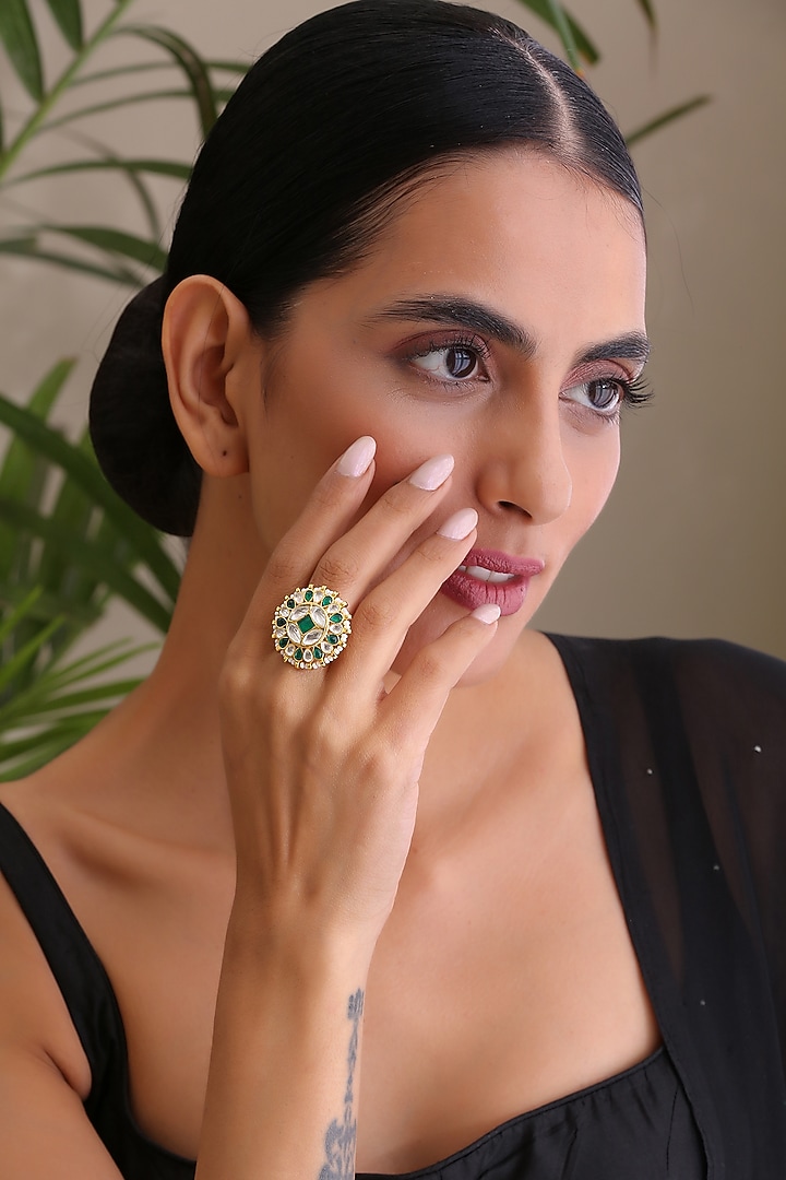 Gold Finish Emerald Stone Ring by Swabhimann Jewellery at Pernia's Pop Up Shop