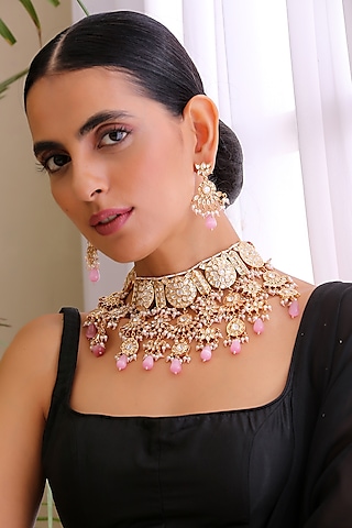 Gold Finish Stone & Pearl Choker Necklace Set by swabhimann jewellery