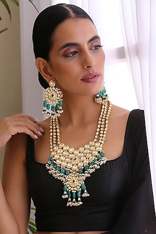 Gold Finish Kundan Polki Long Necklace Set by Swabhimann Jewellery