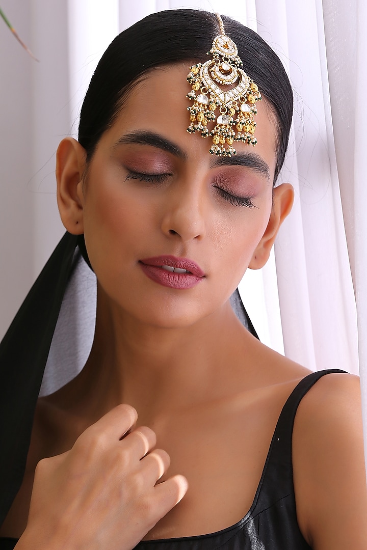 Gold Finish Kundan Polki Maang Tikka by Swabhimann Jewellery at Pernia's Pop Up Shop