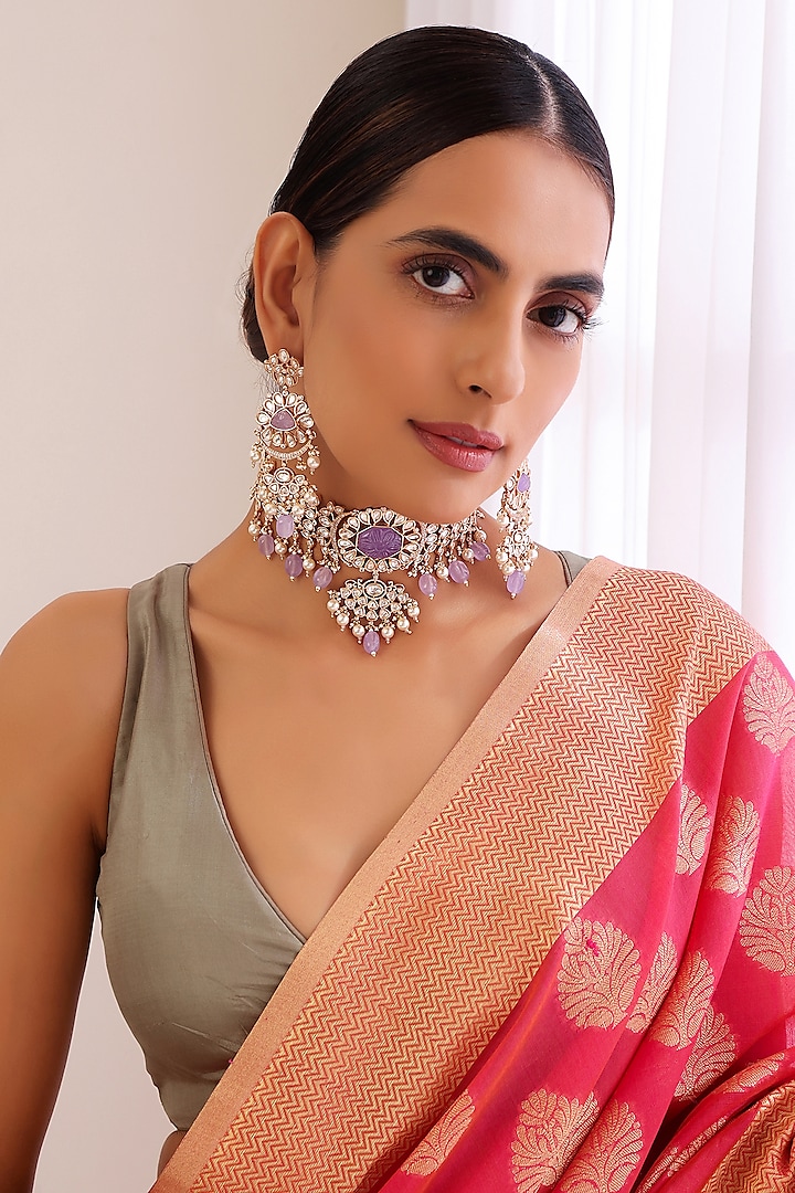 Rose Gold Finish Purple Kundan Polki Choker Necklace Set by Swabhimann Jewellery at Pernia's Pop Up Shop