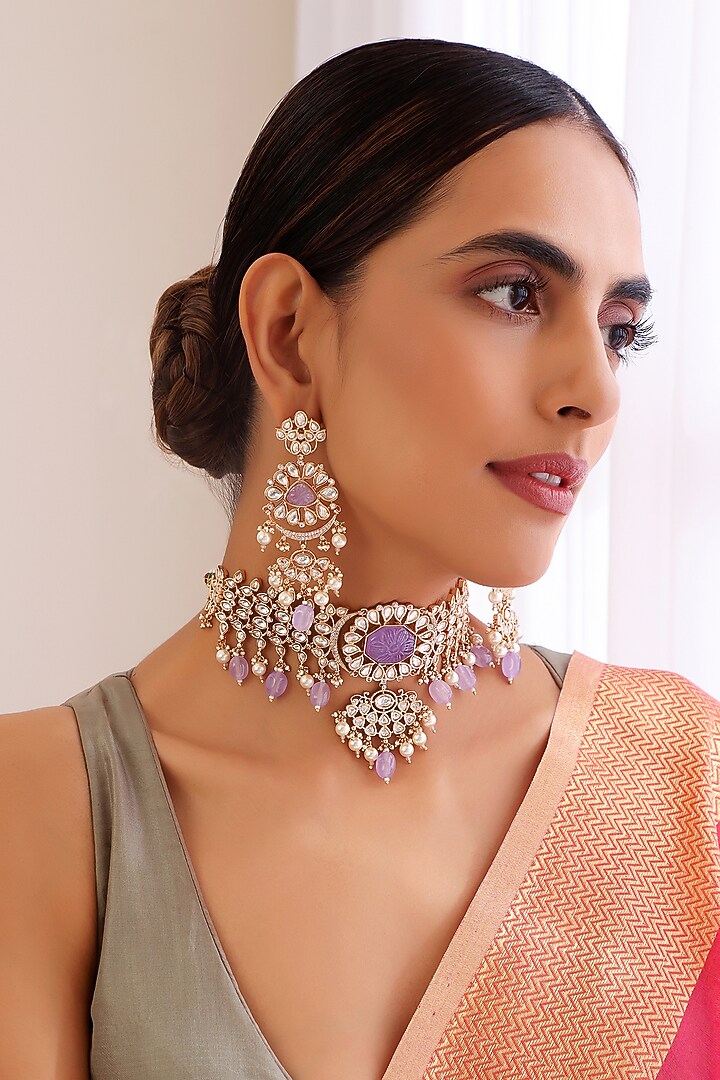 Rose Gold Finish Purple Kundan Polki Choker Necklace Set by Swabhimann Jewellery at Pernia's Pop Up Shop