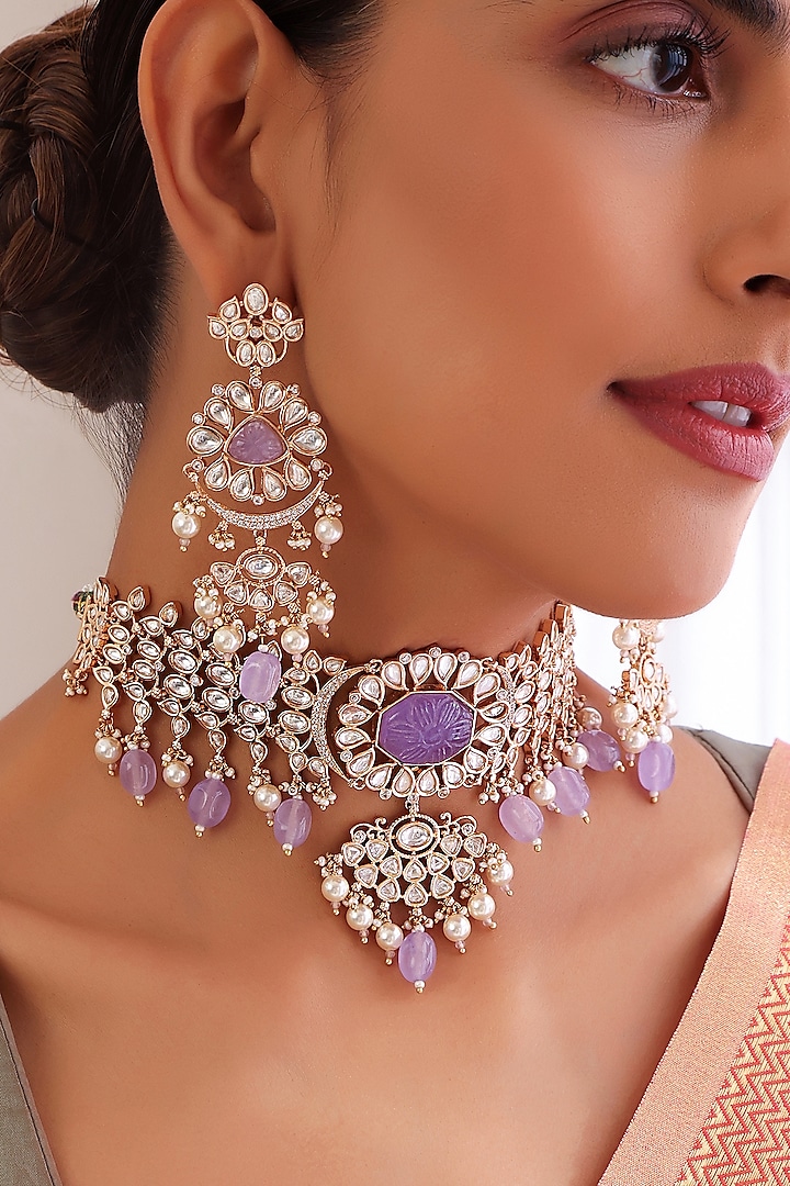 Rose Gold Finish Purple Kundan Polki Choker Necklace Set by