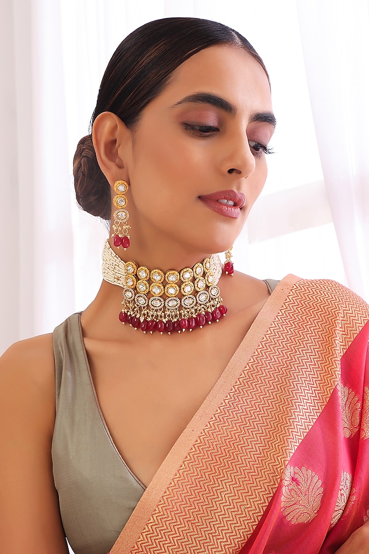 Gold Finish Red Kundan Polki & Pearl Choker Necklace Set by Swabhimann Jewellery at Pernia's Pop Up Shop