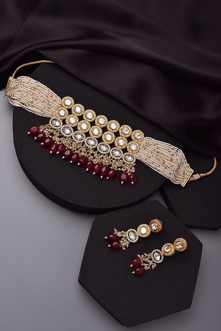 Gold Finish Red Kundan Polki & Pearl Choker Necklace Set by Swabhimann Jewellery at Pernia's Pop Up Shop