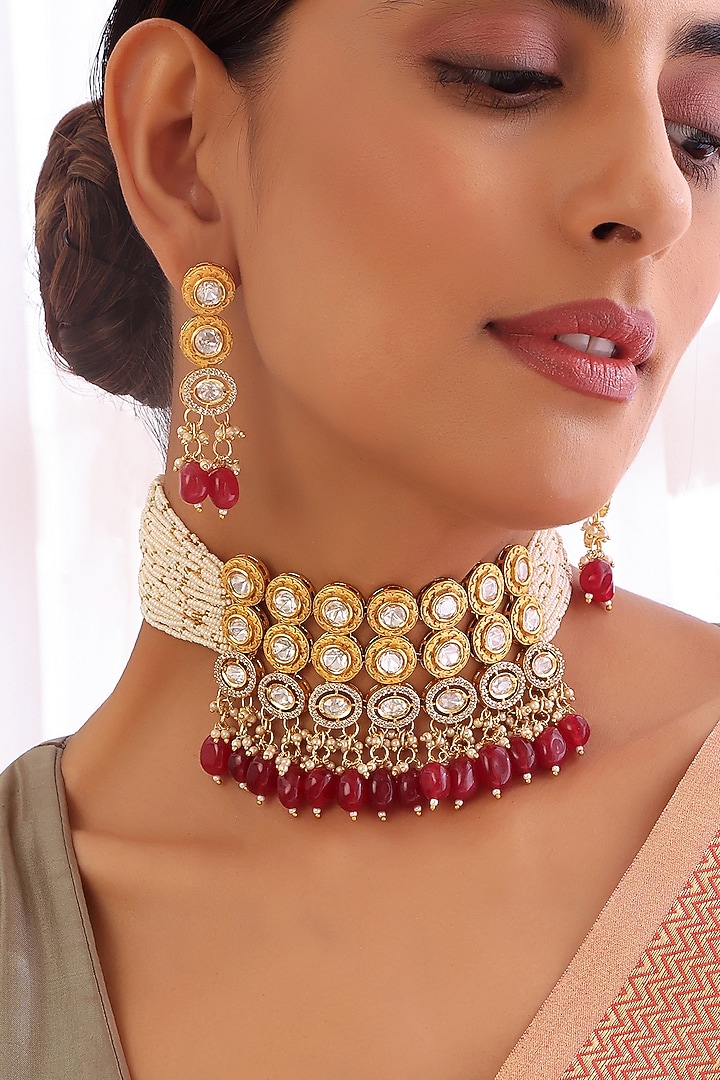 Gold Finish Red Kundan Polki & Pearl Choker Necklace Set by Swabhimann Jewellery at Pernia's Pop Up Shop