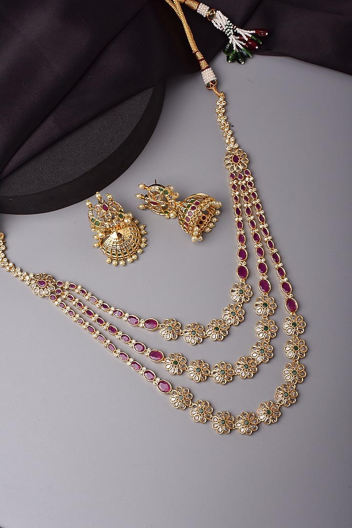 Gold Finish Kundan Polki & Jadau Layered Necklace Set by Swabhimann Jewellery at Pernia's Pop Up Shop