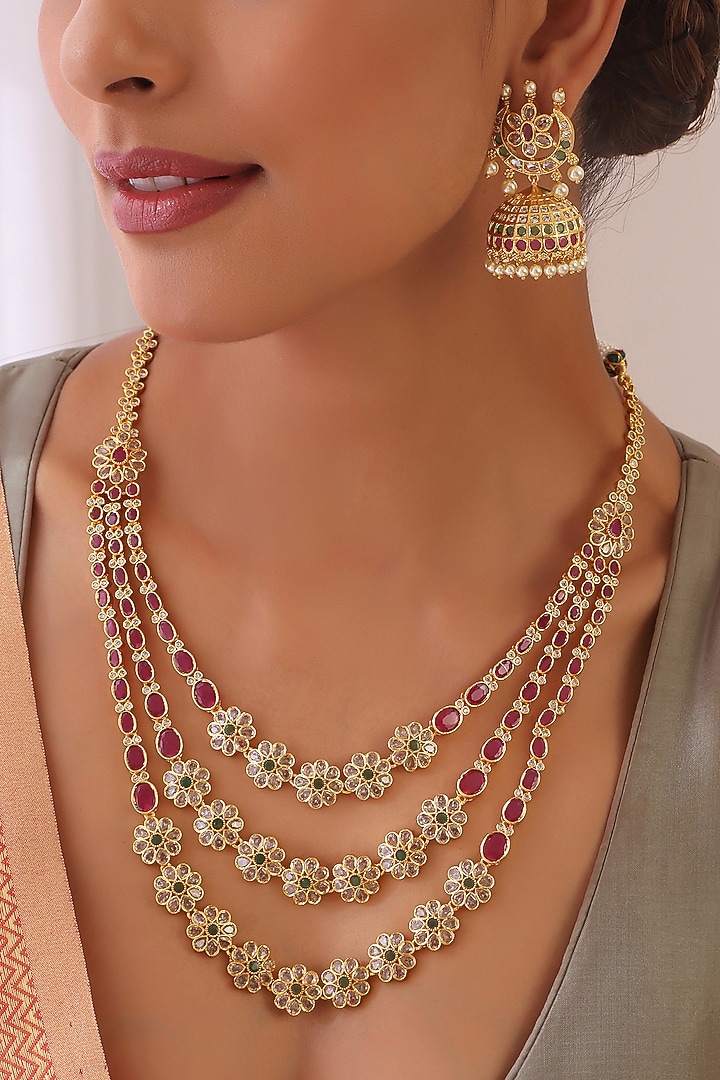 Gold Finish Kundan Polki & Jadau Layered Necklace Set by Swabhimann Jewellery at Pernia's Pop Up Shop