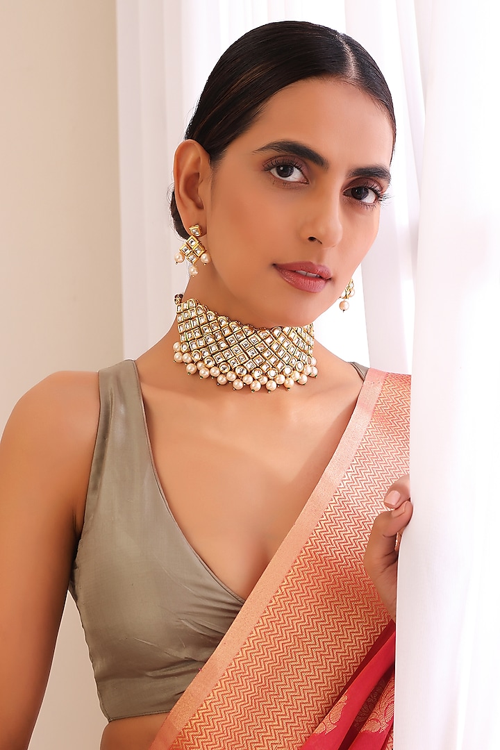 Gold Finish Kundan Polki Choker Necklace Set by Swabhimann Jewellery at Pernia's Pop Up Shop