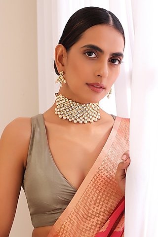 Gold Finish Kundan Polki Choker Necklace Set by Swabhimann Jewellery