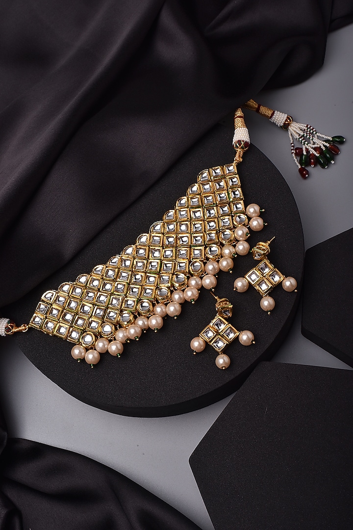 Gold Finish Kundan Polki Choker Necklace Set by Swabhimann Jewellery at Pernia's Pop Up Shop