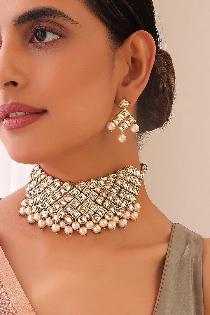 Gold Finish Kundan Polki Choker Necklace Set by Swabhimann Jewellery at Pernia's Pop Up Shop