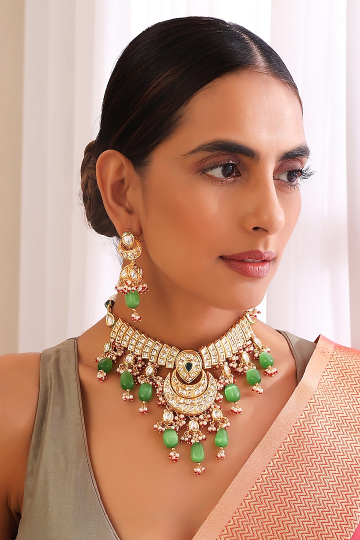 Gold Finish Green Kundan Polki Necklace Set by Swabhimann Jewellery at Pernia's Pop Up Shop