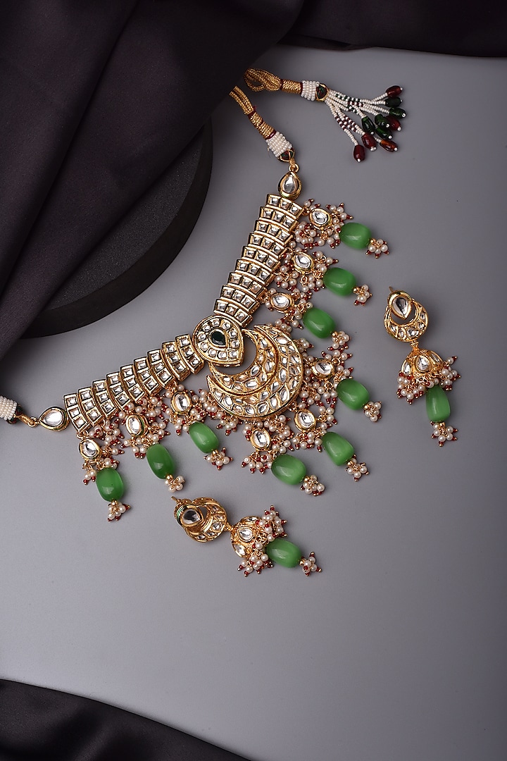 Gold Finish Green Kundan Polki Necklace Set by Swabhimann Jewellery at Pernia's Pop Up Shop