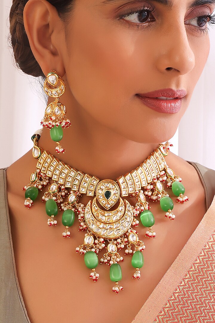 Gold Finish Green Kundan Polki Necklace Set by Swabhimann Jewellery at Pernia's Pop Up Shop