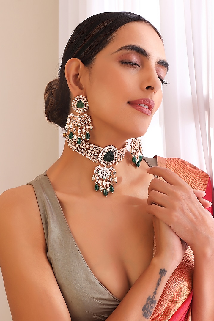 Rose Gold Finish Kundan Polki Choker Necklace Set by Swabhimann Jewellery at Pernia's Pop Up Shop