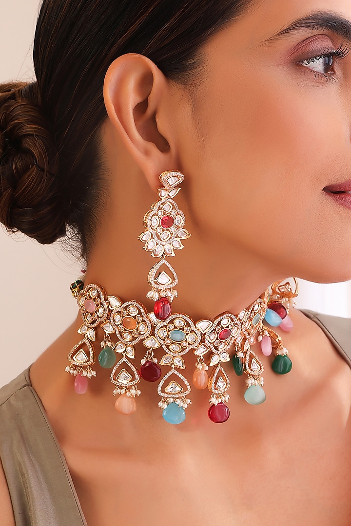 Rose Gold Finish Kundan Polki & Navratna Stone Choker Necklace Set by Swabhimann Jewellery at Pernia's Pop Up Shop