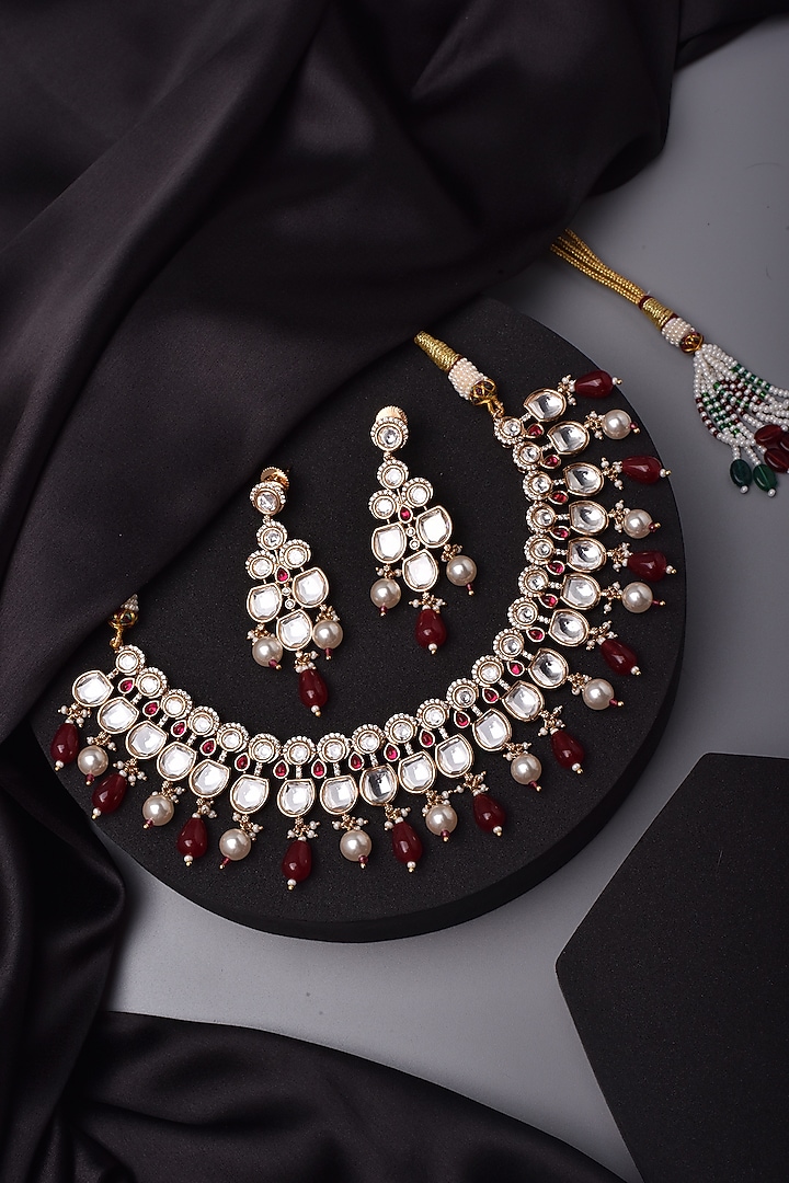 Rose Gold Finish Kundan Polki Choker Necklace Set by Swabhimann Jewellery at Pernia's Pop Up Shop
