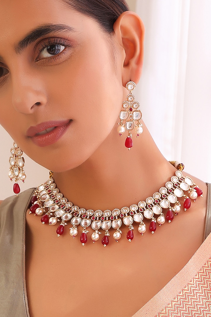Rose Gold Finish Kundan Polki Choker Necklace Set by Swabhimann Jewellery at Pernia's Pop Up Shop
