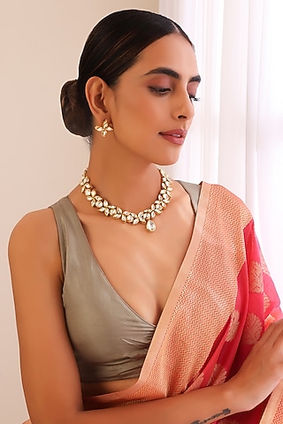 Gold Finish Kundan Polki Necklace Set by Swabhimann Jewellery