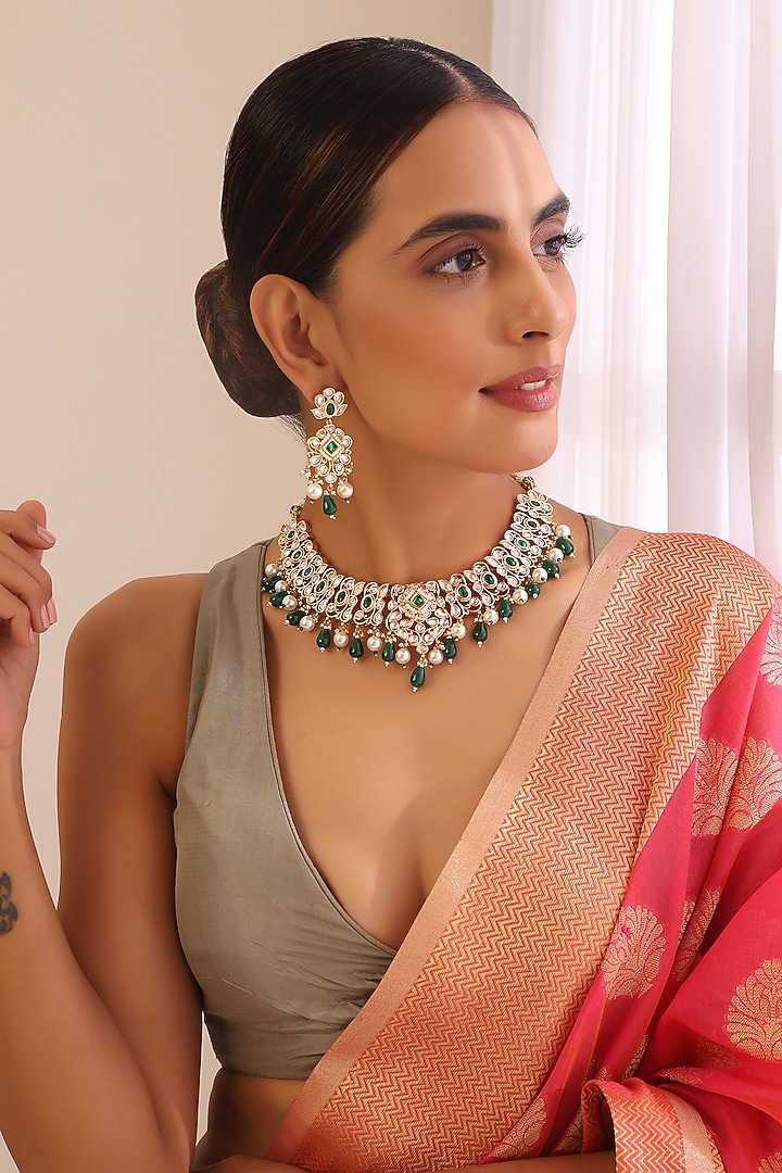 Rose Gold Finish Kundan Polki & Pearl Necklace Set by Swabhimann Jewellery at Pernia's Pop Up Shop