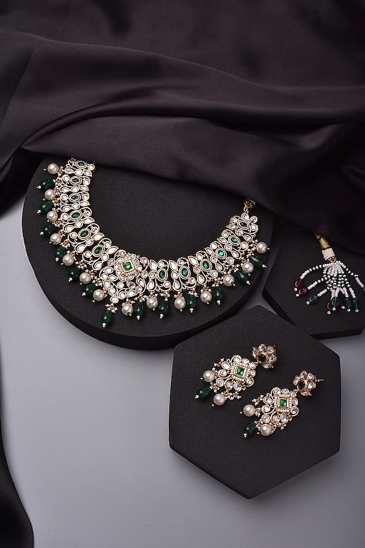 Rose Gold Finish Kundan Polki & Pearl Necklace Set by Swabhimann Jewellery at Pernia's Pop Up Shop