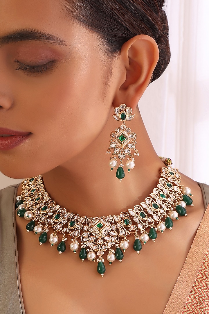 Rose Gold Finish Kundan Polki & Pearl Necklace Set by Swabhimann Jewellery at Pernia's Pop Up Shop