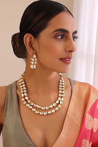 Gold Finish Kundan Polki Layered Necklace Set by Swabhimann Jewellery