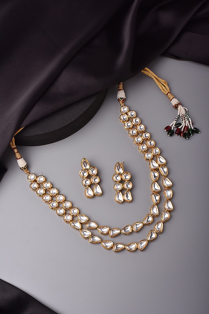 Gold Finish Kundan Polki Layered Necklace Set by Swabhimann Jewellery at Pernia's Pop Up Shop