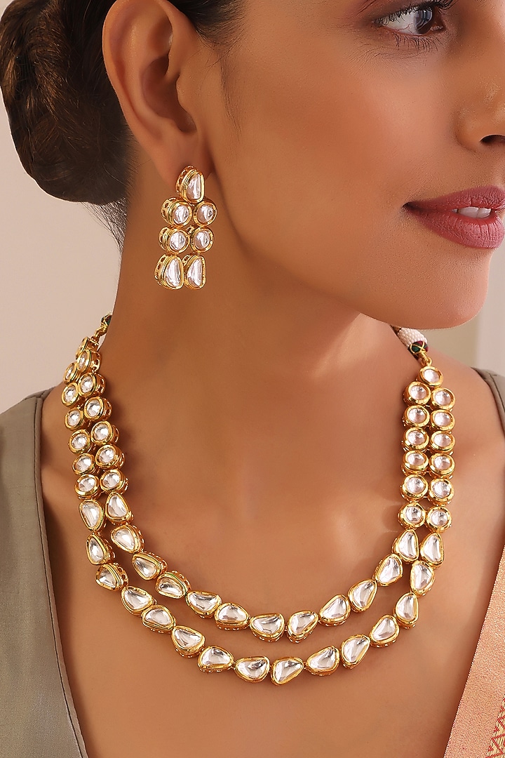 Gold Finish Kundan Polki Layered Necklace Set by Swabhimann Jewellery at Pernia's Pop Up Shop