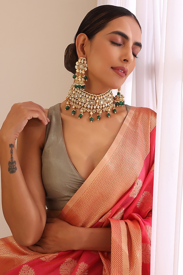 Gold Finish Kundan Polki Choker Necklace Set by Swabhimann Jewellery at Pernia's Pop Up Shop