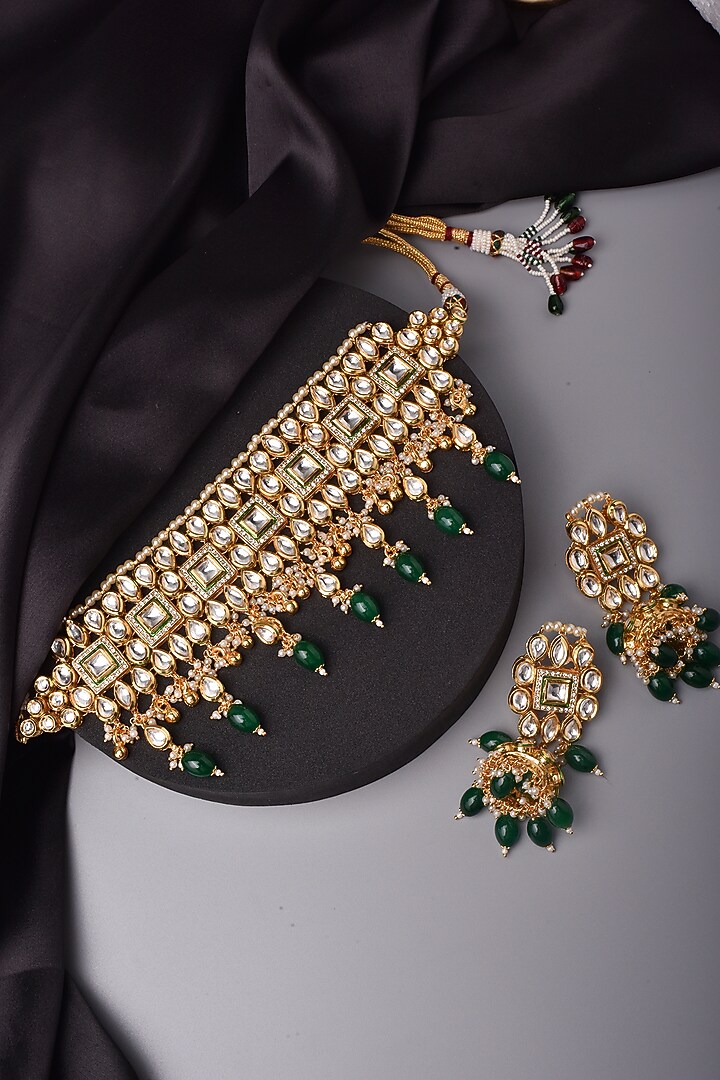 Gold Finish Kundan Polki Choker Necklace Set by Swabhimann Jewellery at Pernia's Pop Up Shop