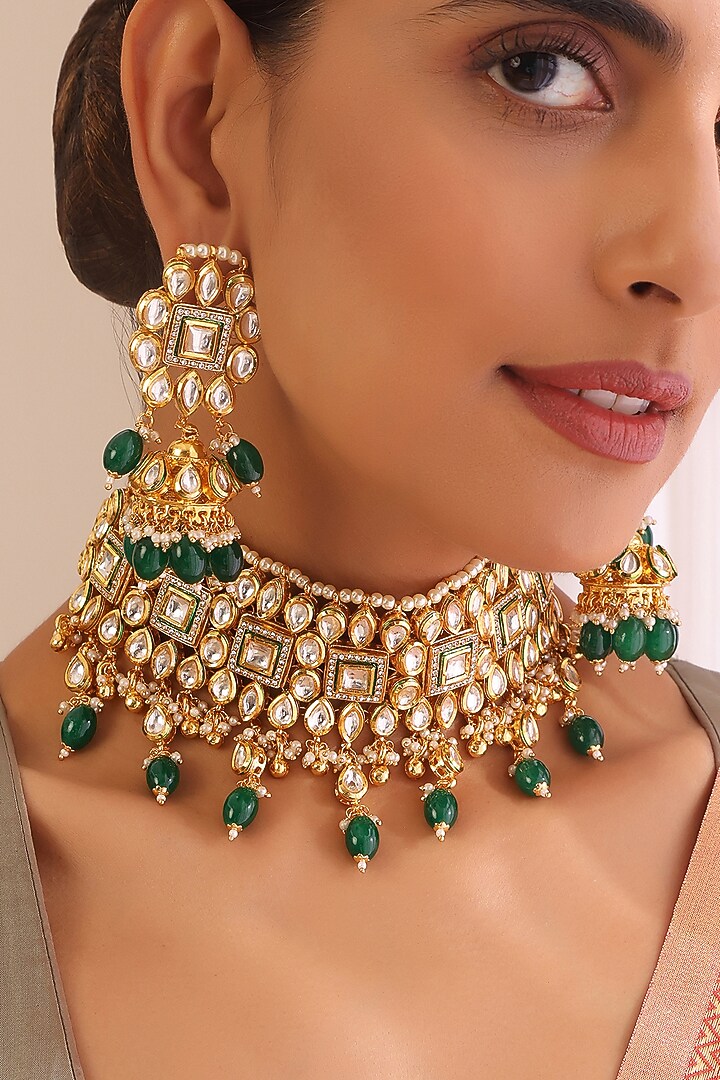 Gold Finish Kundan Polki Choker Necklace Set by Swabhimann Jewellery at Pernia's Pop Up Shop