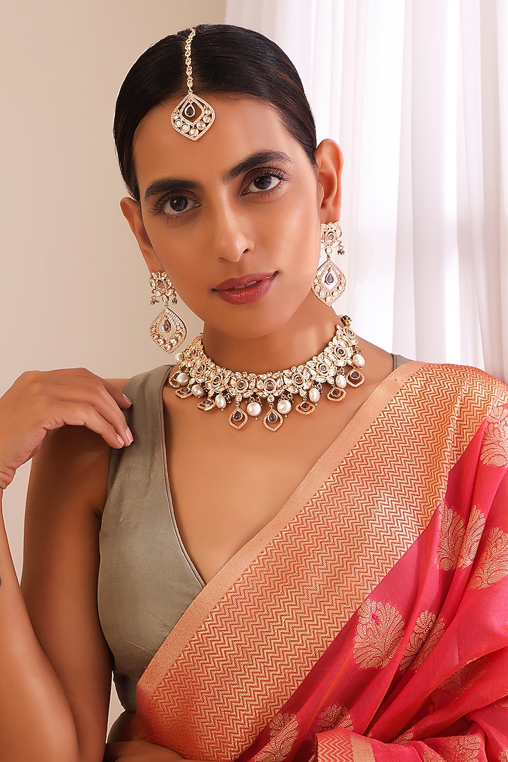 Rose Gold Finish Kundan Polki & Pearl Necklace Set by Swabhimann Jewellery at Pernia's Pop Up Shop