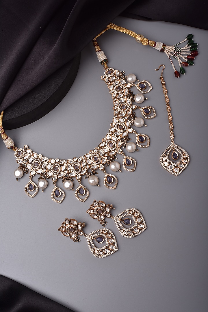 Rose Gold Finish Kundan Polki & Pearl Necklace Set by Swabhimann Jewellery at Pernia's Pop Up Shop