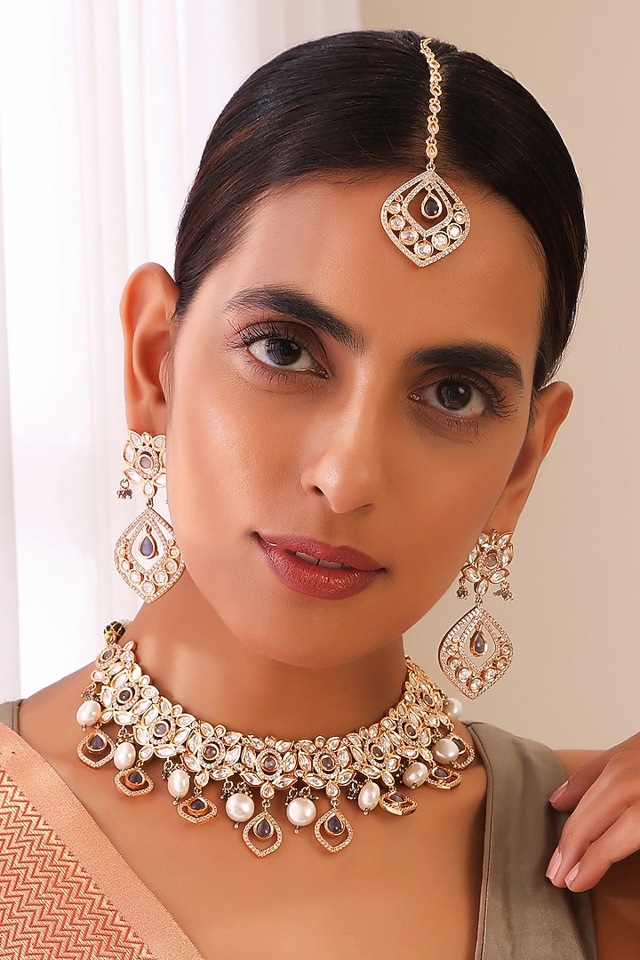 Rose Gold Finish Kundan Polki & Pearl Necklace Set by Swabhimann Jewellery at Pernia's Pop Up Shop