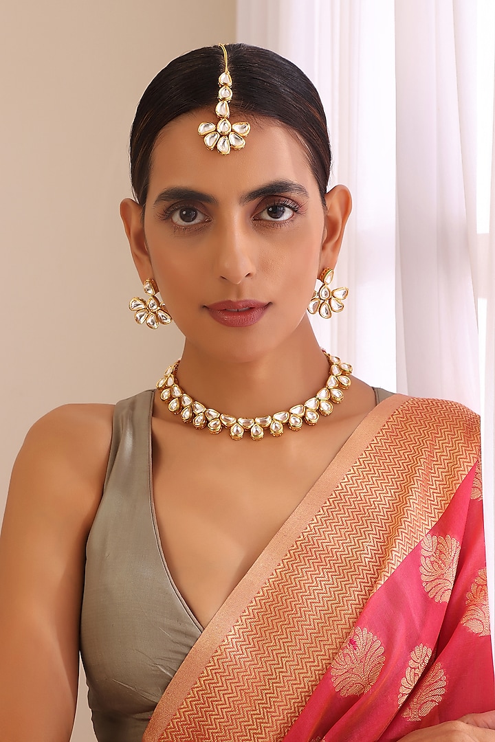 Gold Finish Kundan Polki Necklace Set by Swabhimann Jewellery