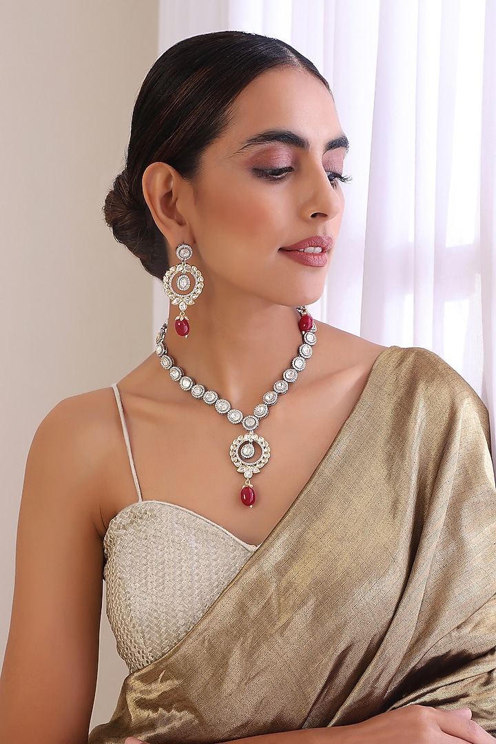 White Finish Kundan Polki Long Necklace Set by Swabhimann Jewellery at Pernia's Pop Up Shop