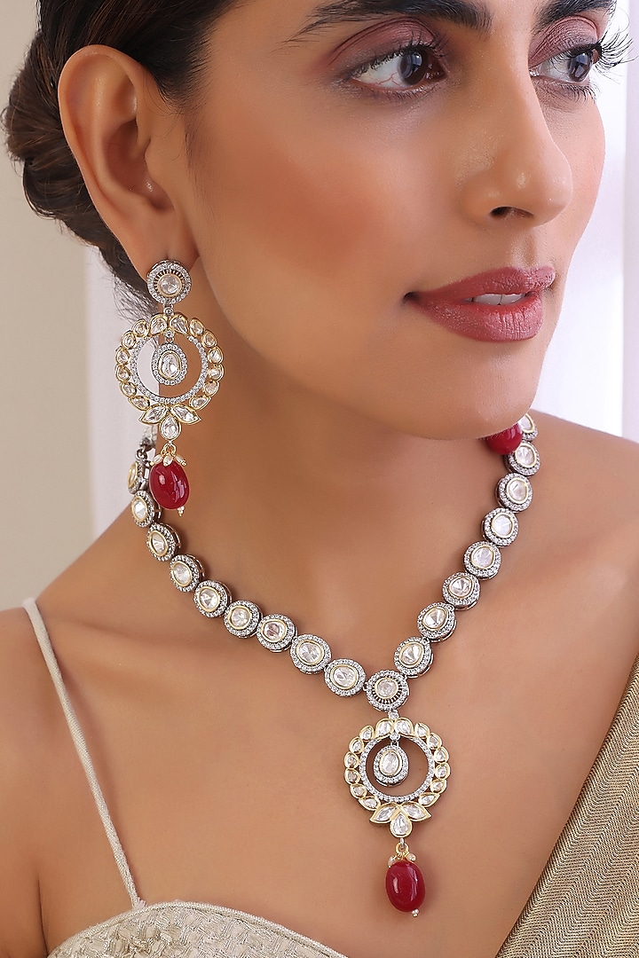 White Finish Kundan Polki Long Necklace Set by Swabhimann Jewellery at Pernia's Pop Up Shop