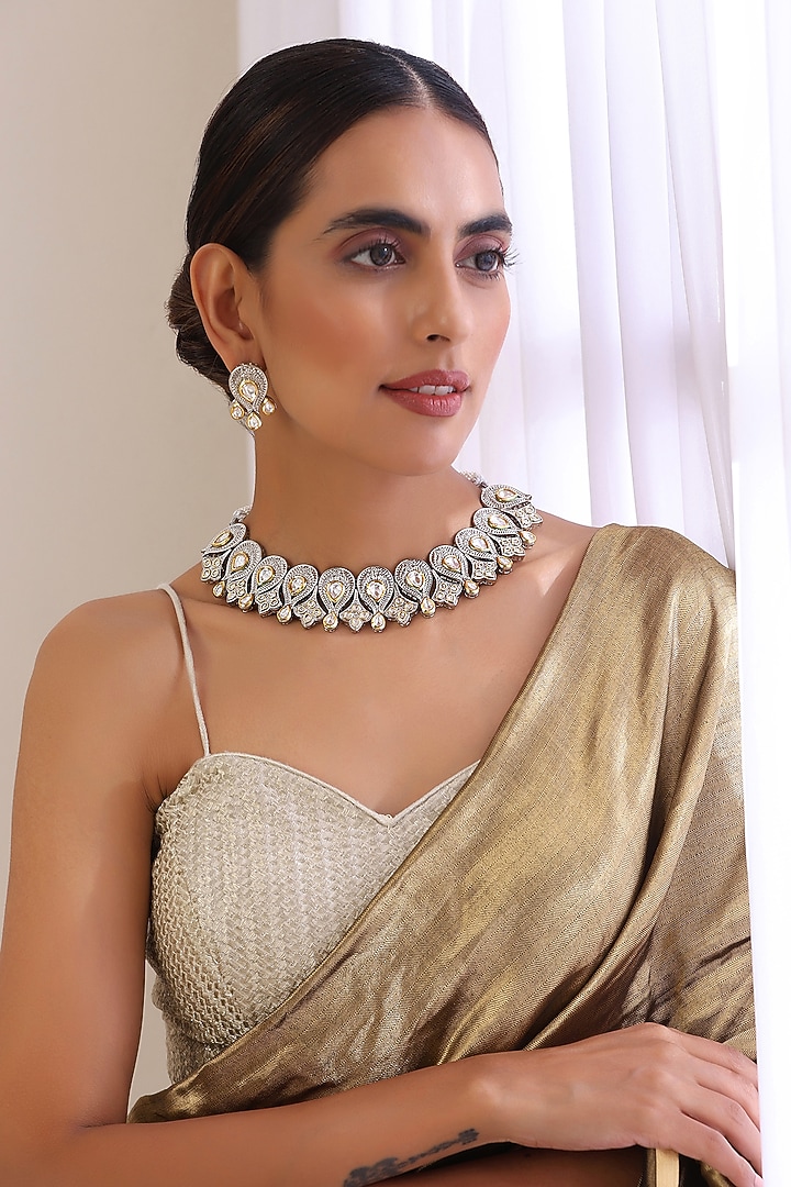 White Finish Kundan Polki Necklace Set by Swabhimann Jewellery at Pernia's Pop Up Shop
