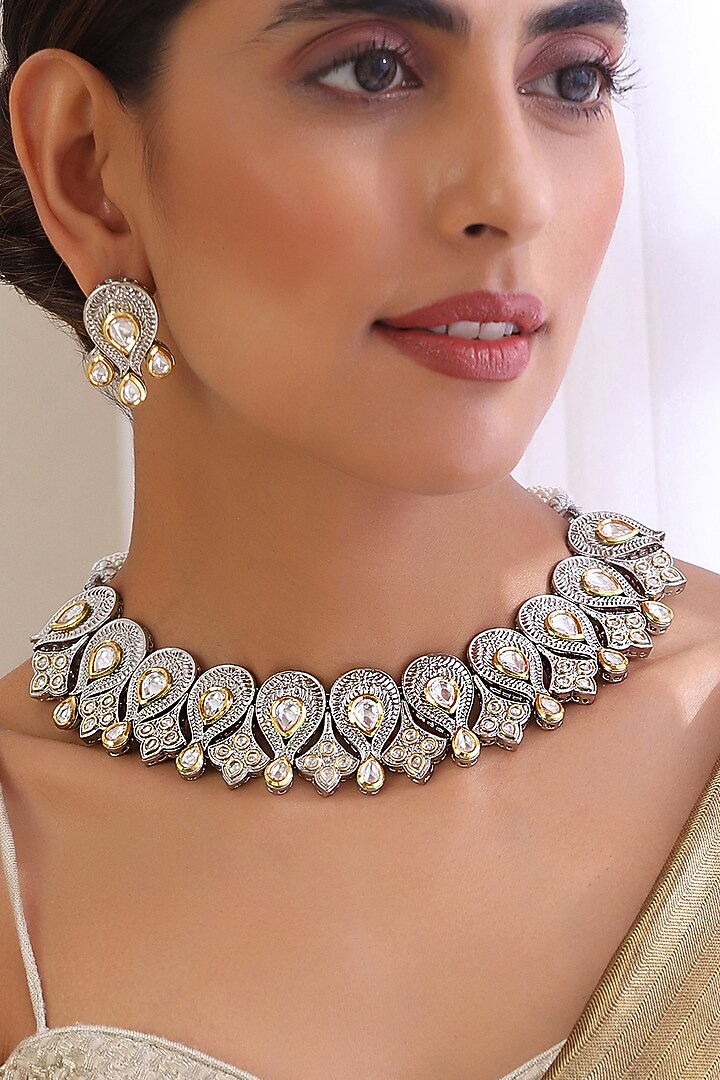 White Finish Kundan Polki Necklace Set by Swabhimann Jewellery at Pernia's Pop Up Shop