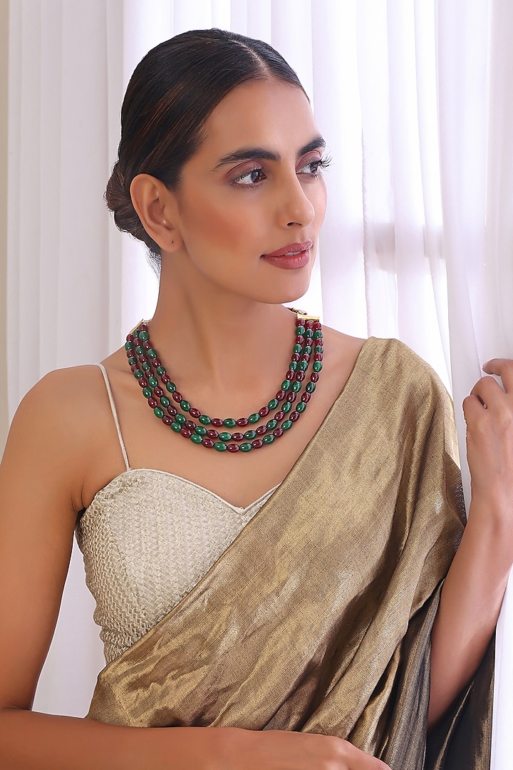Red & Green Beaded Layered Necklace by Swabhimann Jewellery