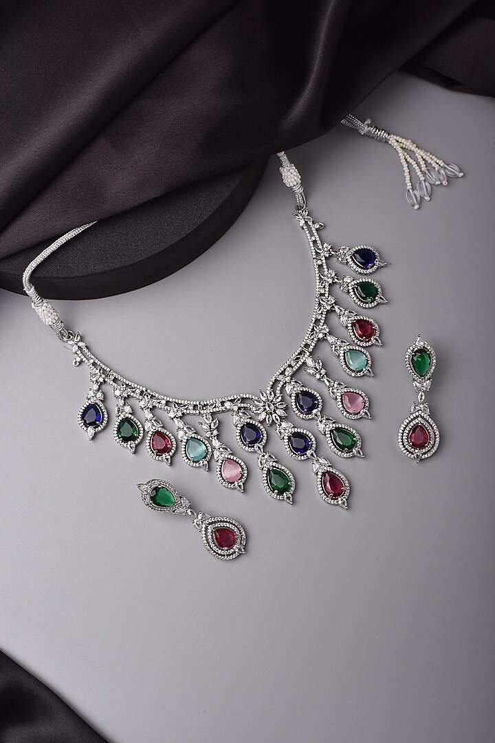 White Finish Multi-Colored Zircon Necklace Set by Swabhimann Jewellery at Pernia's Pop Up Shop