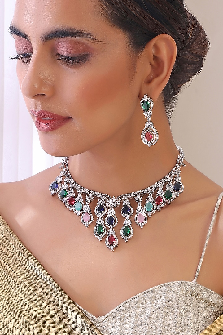 White Finish Multi-Colored Zircon Necklace Set by Swabhimann Jewellery at Pernia's Pop Up Shop